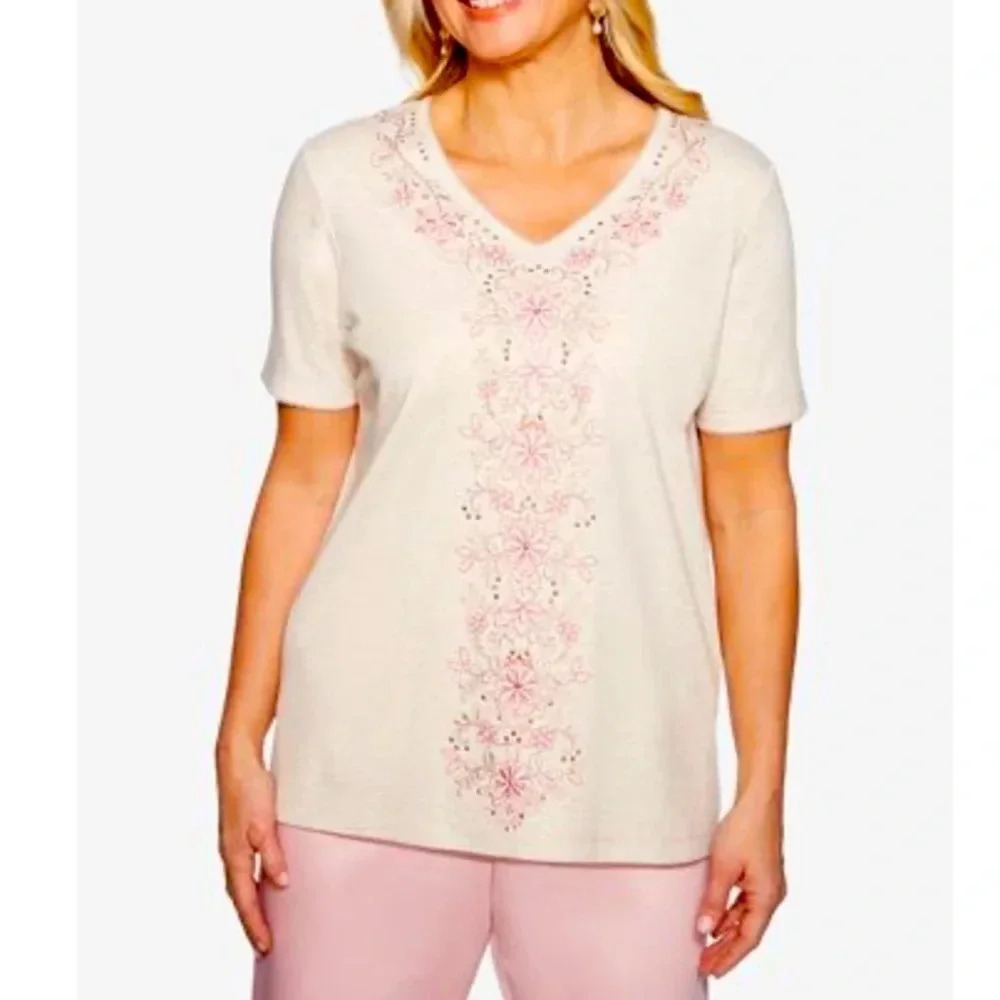 Alfred Dunner Tan Embroidered Studded Top Medium Petite NWT